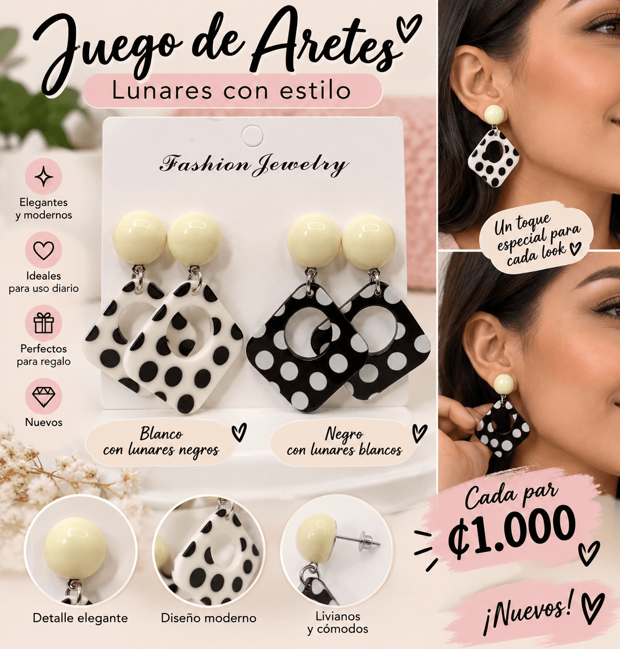 Juego de de dos pares, de aretes de lunares, elegantes y con estilo