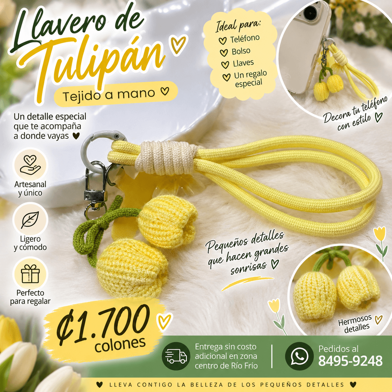 Llavero de tulipán, tejido para teléfono, correa de pulsera, con colgante de tu