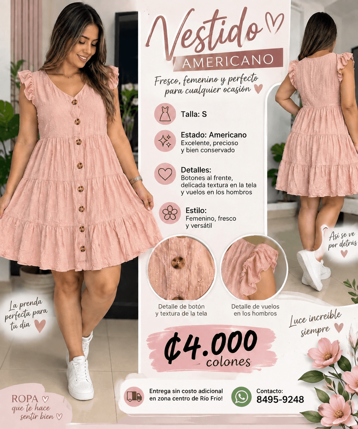 Vestido, color, beige con botones cafés