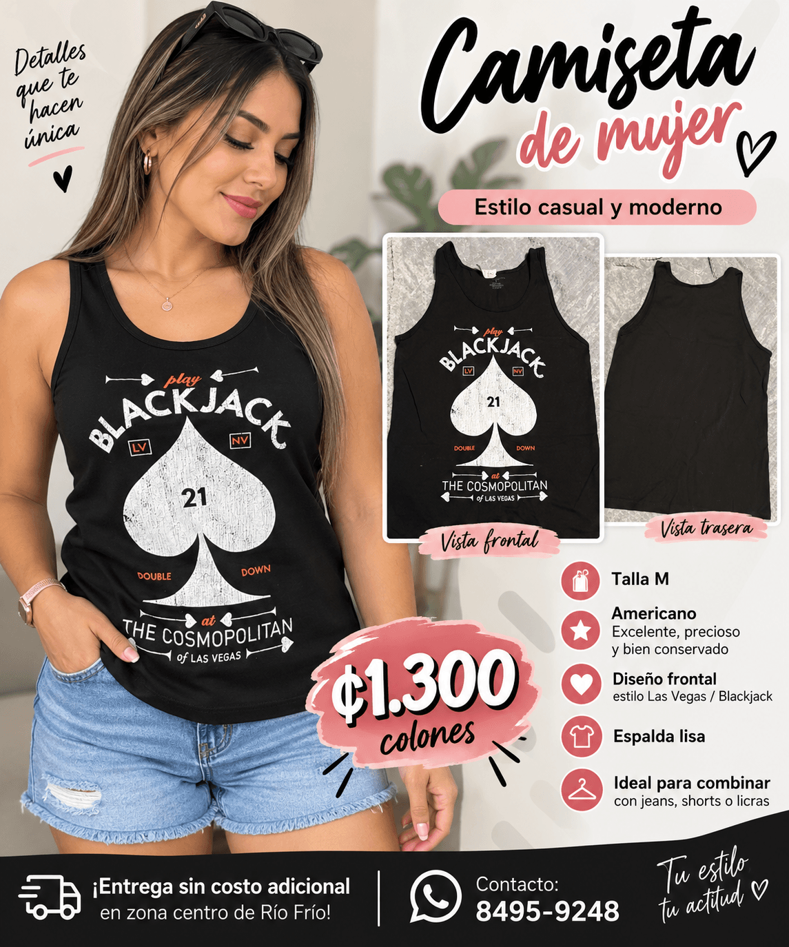 Camiseta de mujer, color negra, con estampado, talla M
