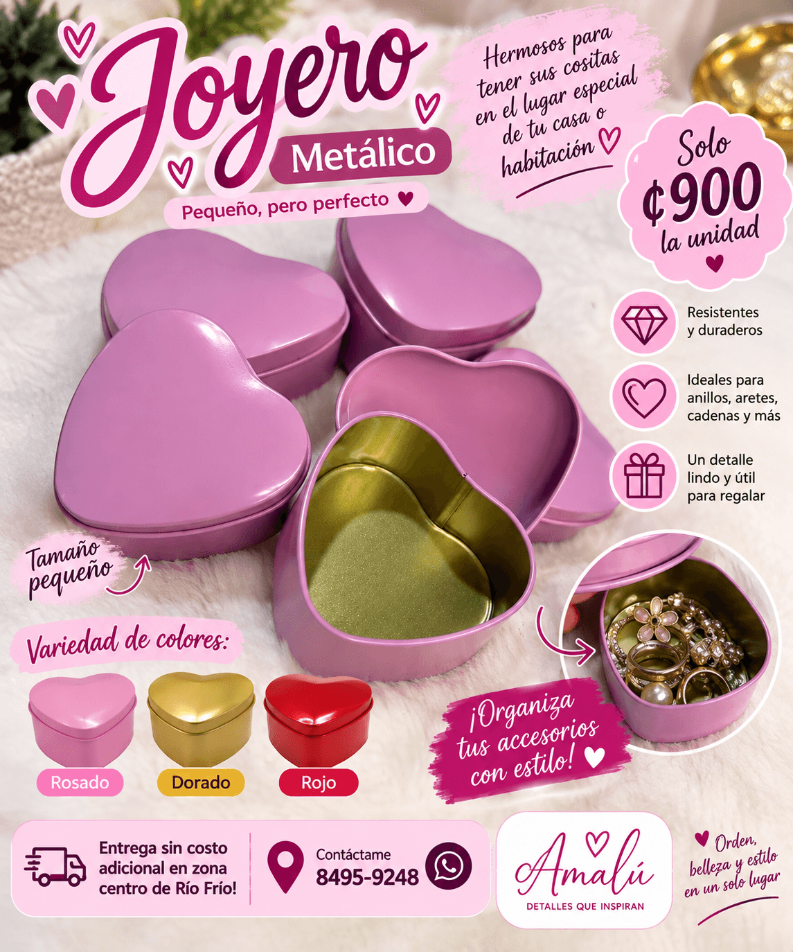 Joyero, metálico de corazón, rosado, pequeño