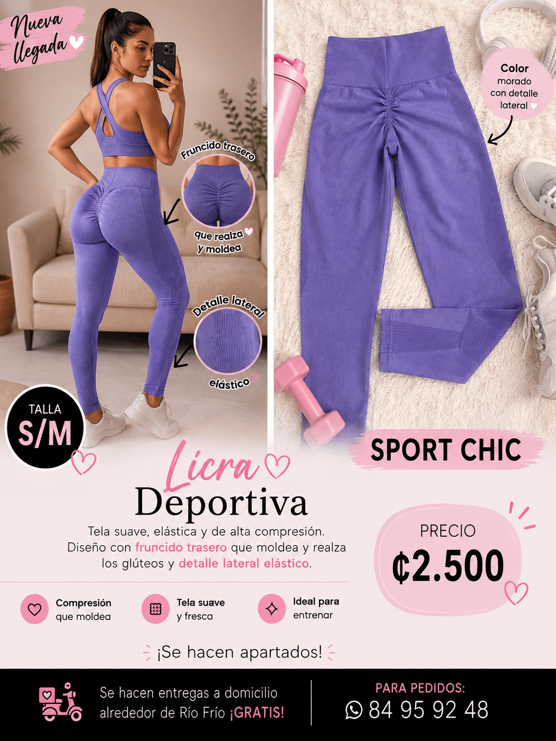 Licra deportiva, color, lila, talla SM