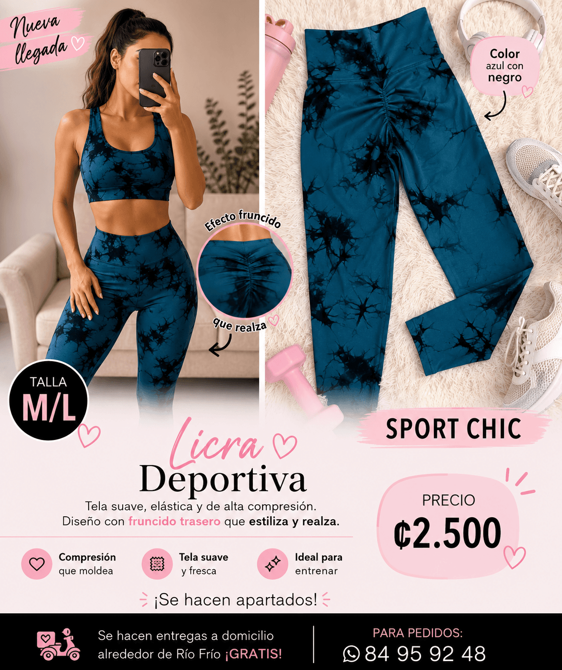 Licra deportiva negra con estampado, talla SM