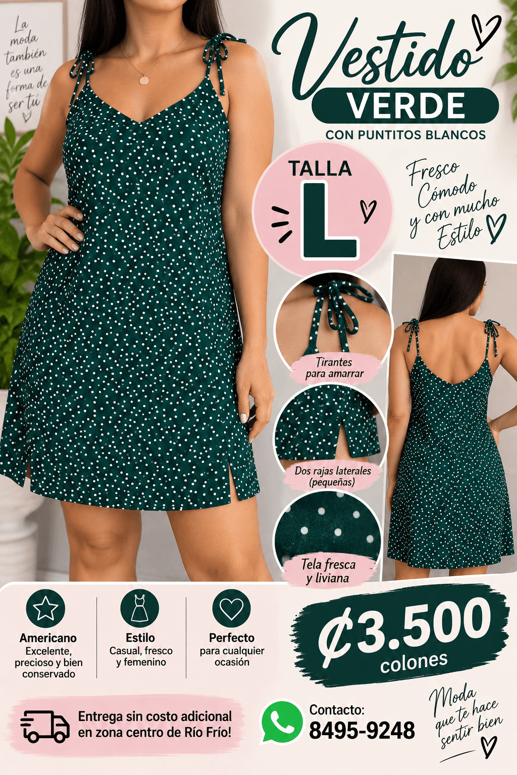 Vestido verde con puntitos blancos, talla L