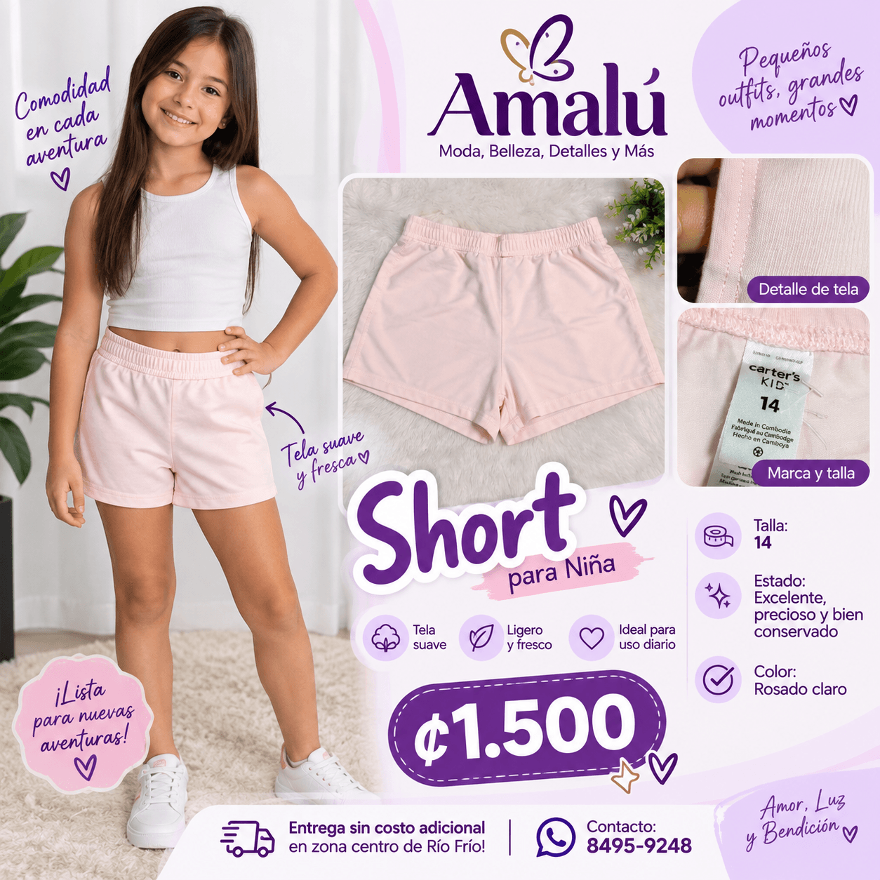 Short rosado para niña talla 14