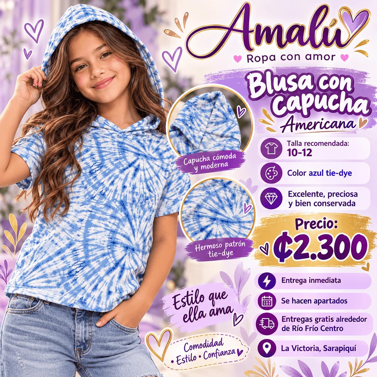 Blusa de niña con capucha tie-dye
