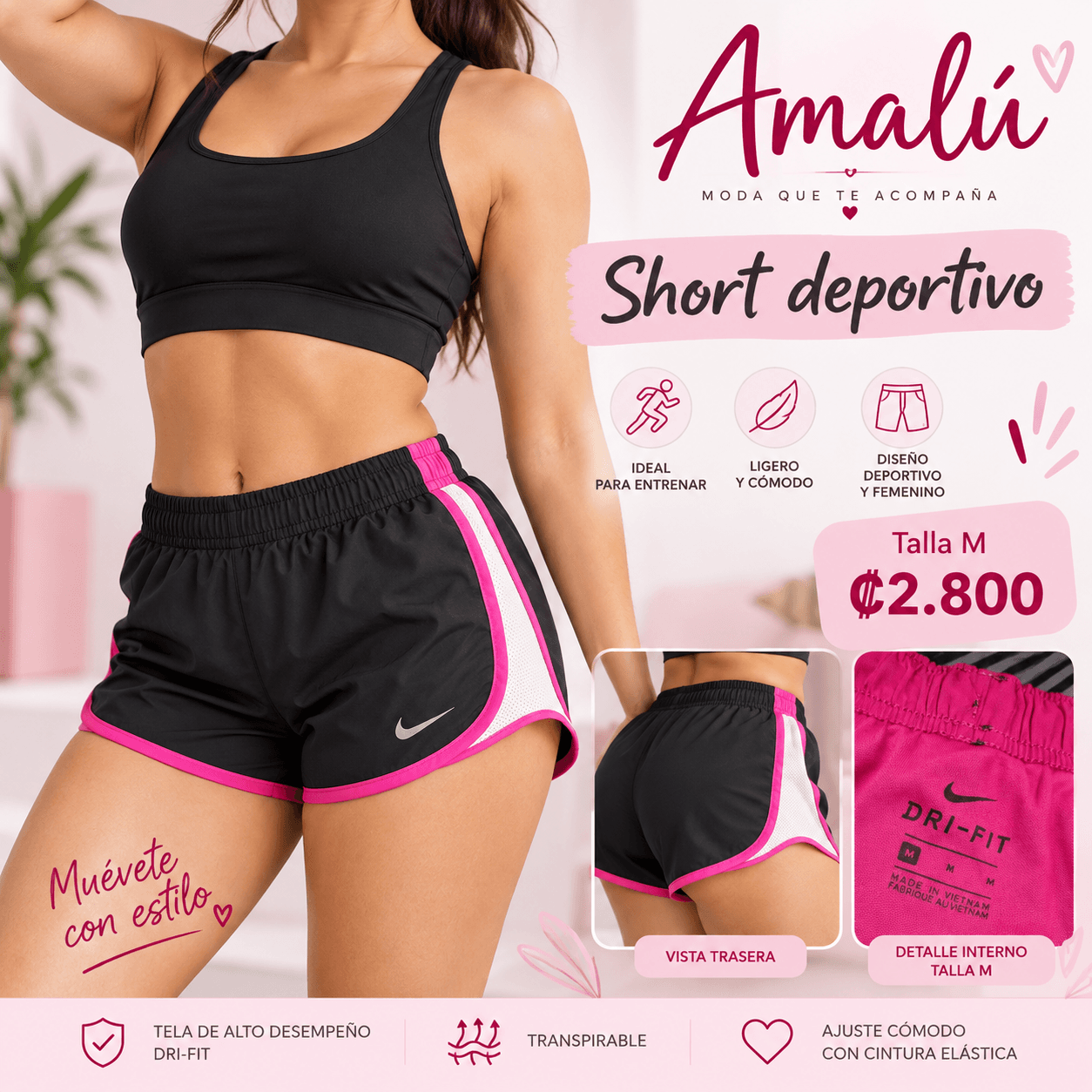 Short deportivo negro con detalles rosados