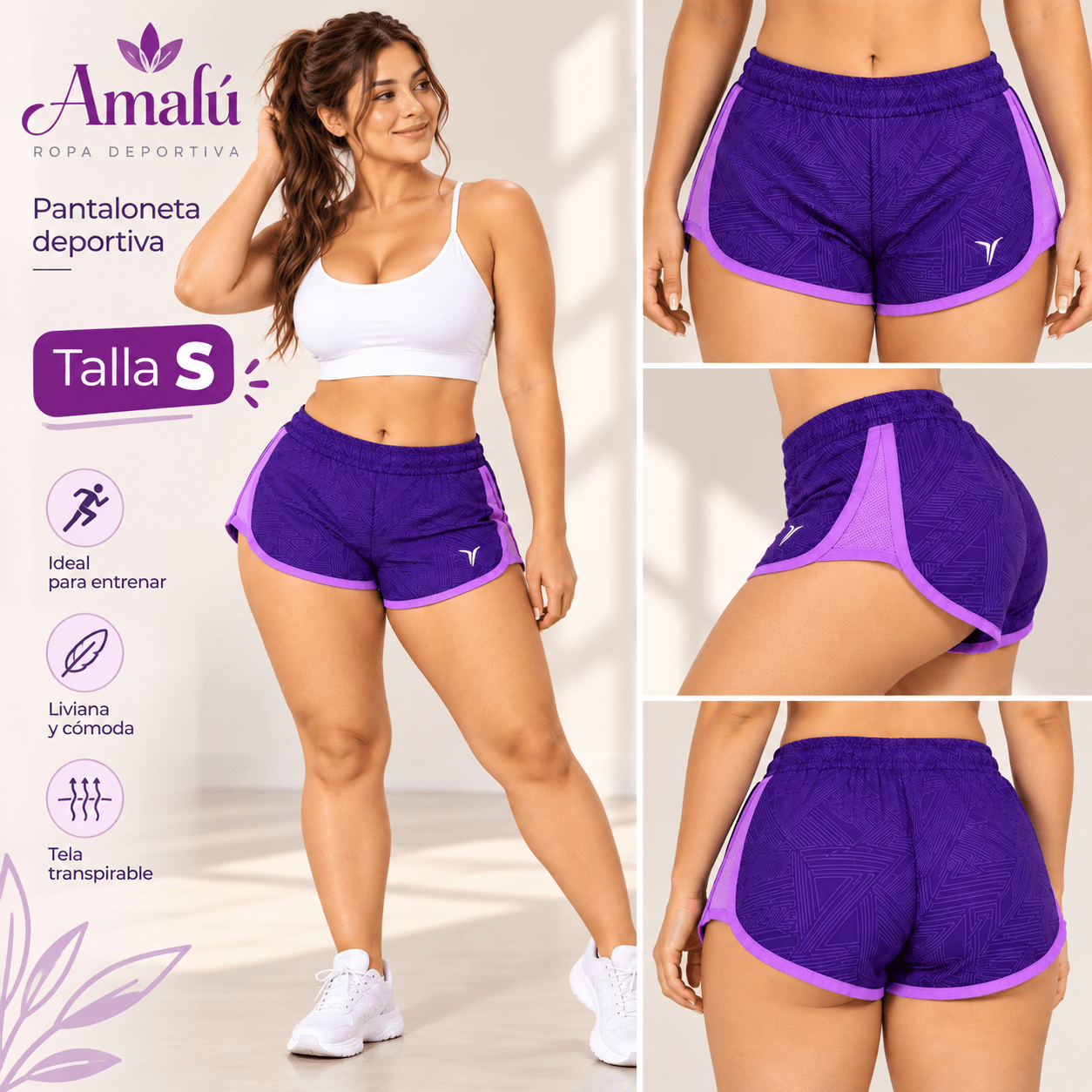 Pantaloneta deportiva morada talla S