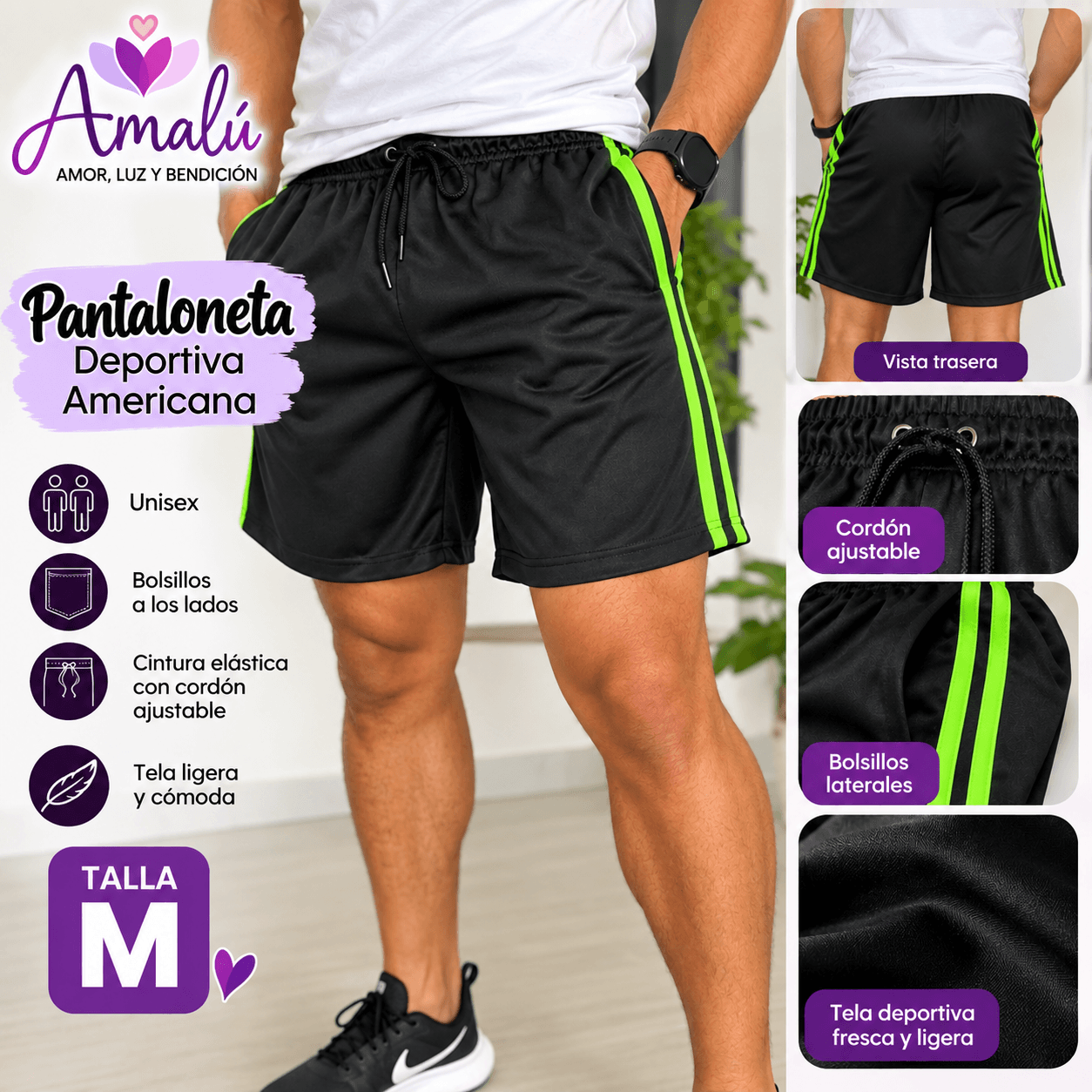 Pantaloneta deportiva americana negra talla M