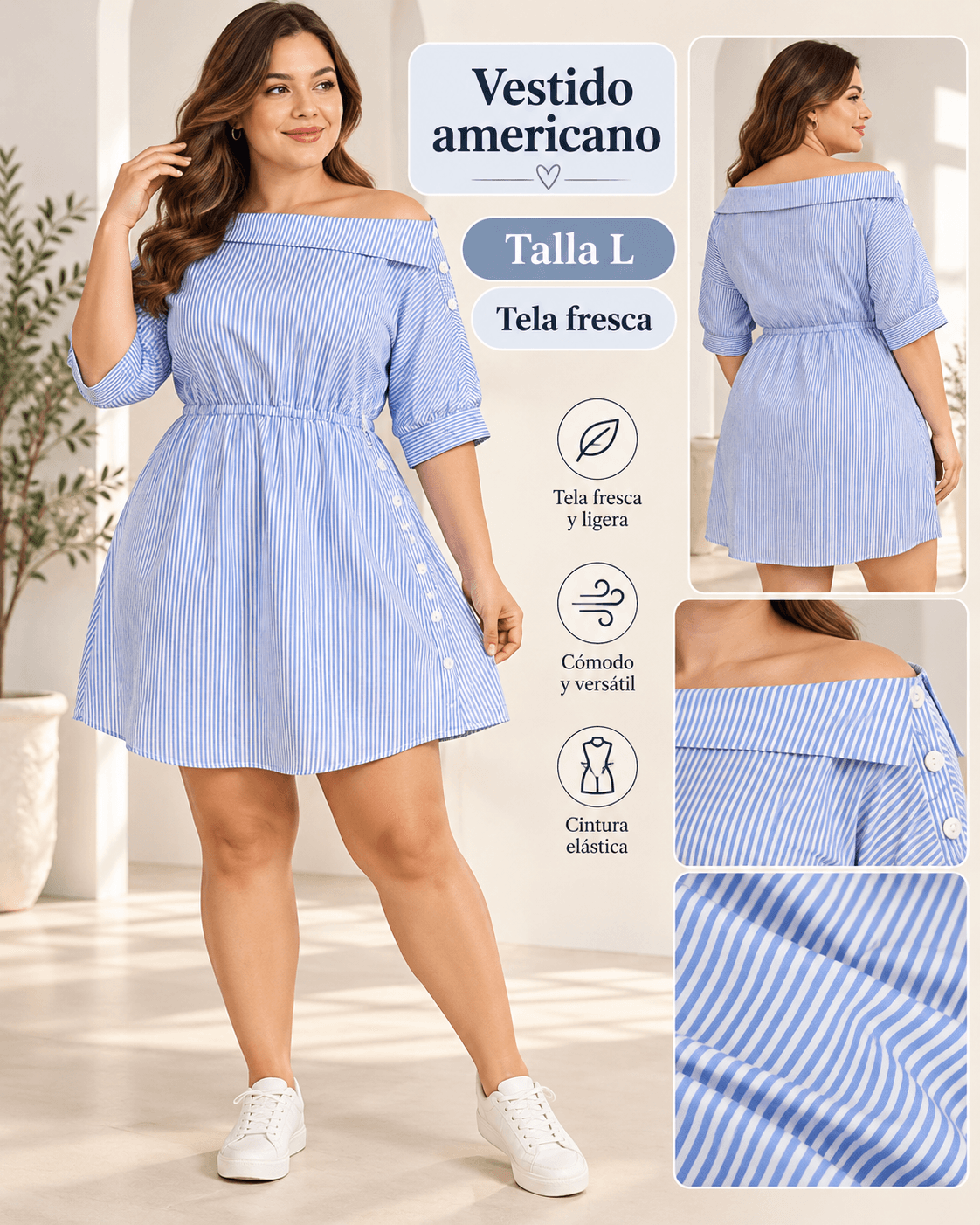 Vestido americano de rayas azul y blanco talla L