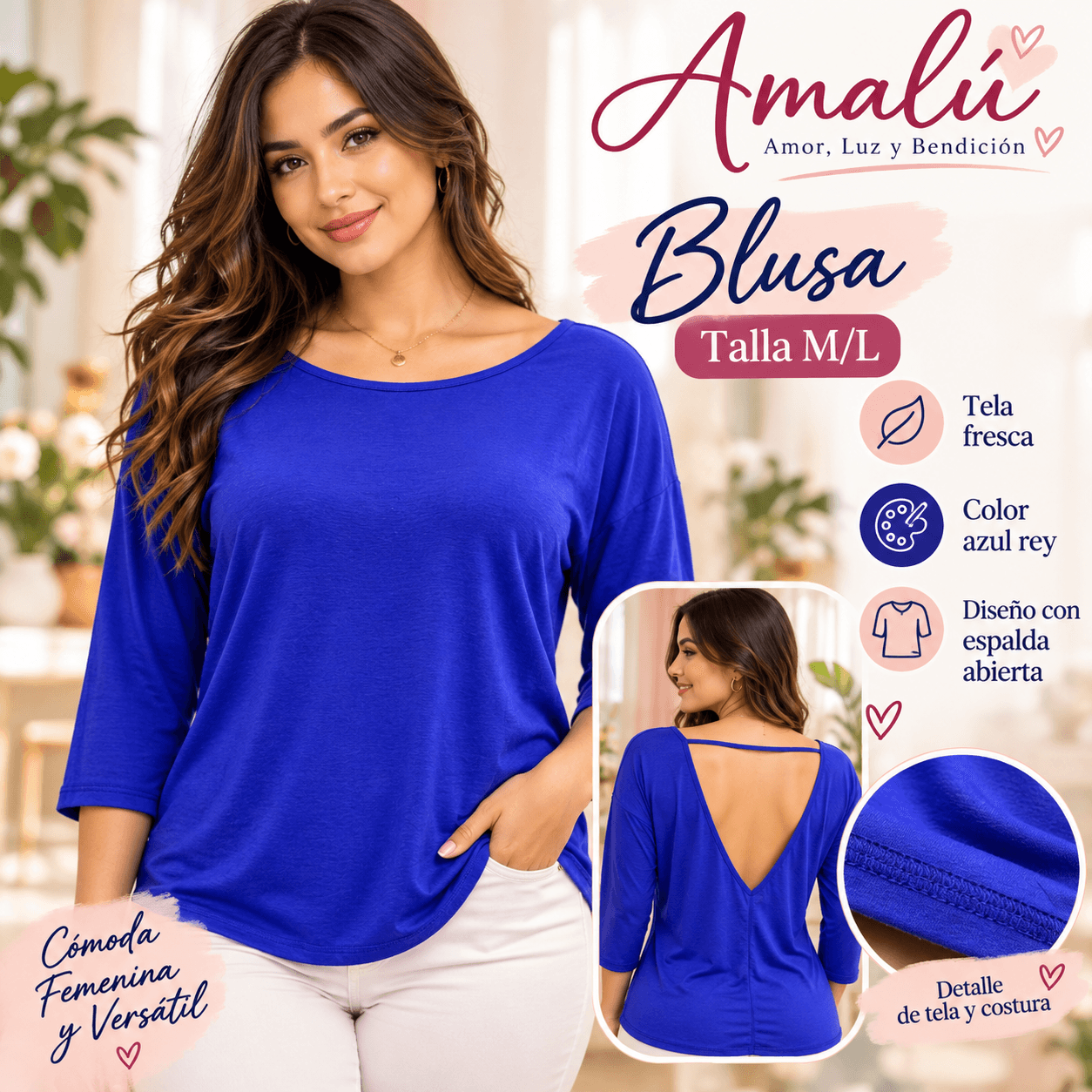 Blusa americana azul rey con espalda abierta