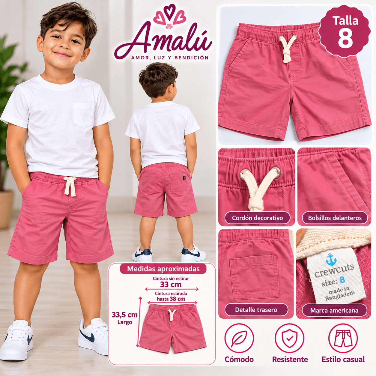 Short americano rosado para niño talla 8