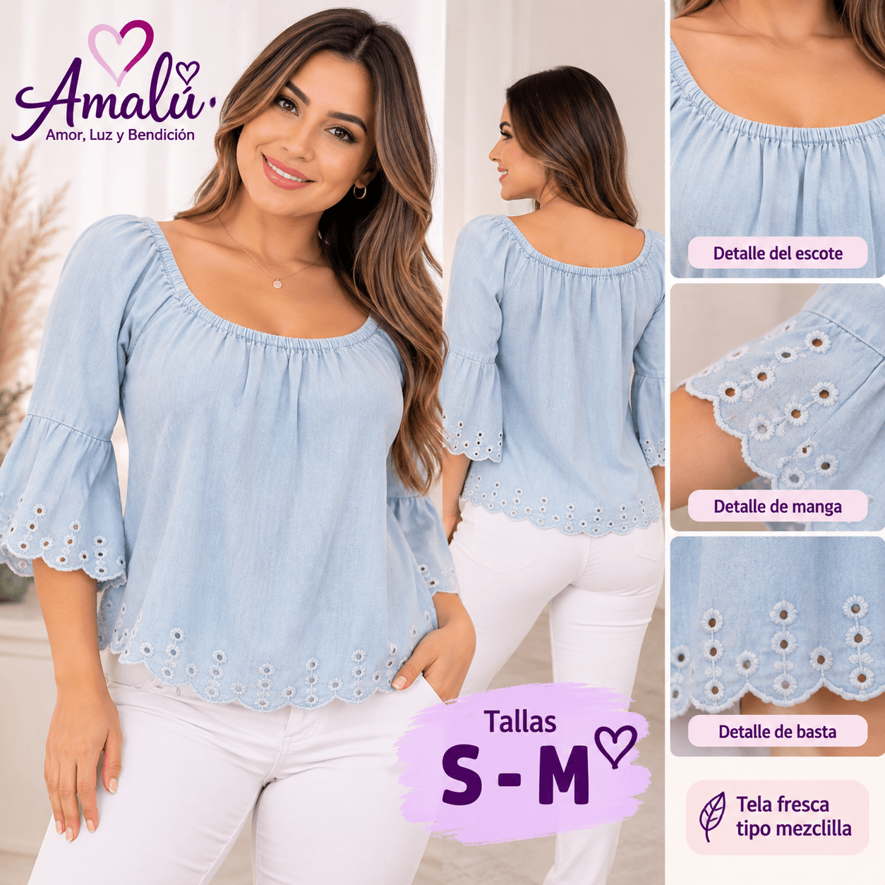 Blusa americana celeste con bordados talla S/M