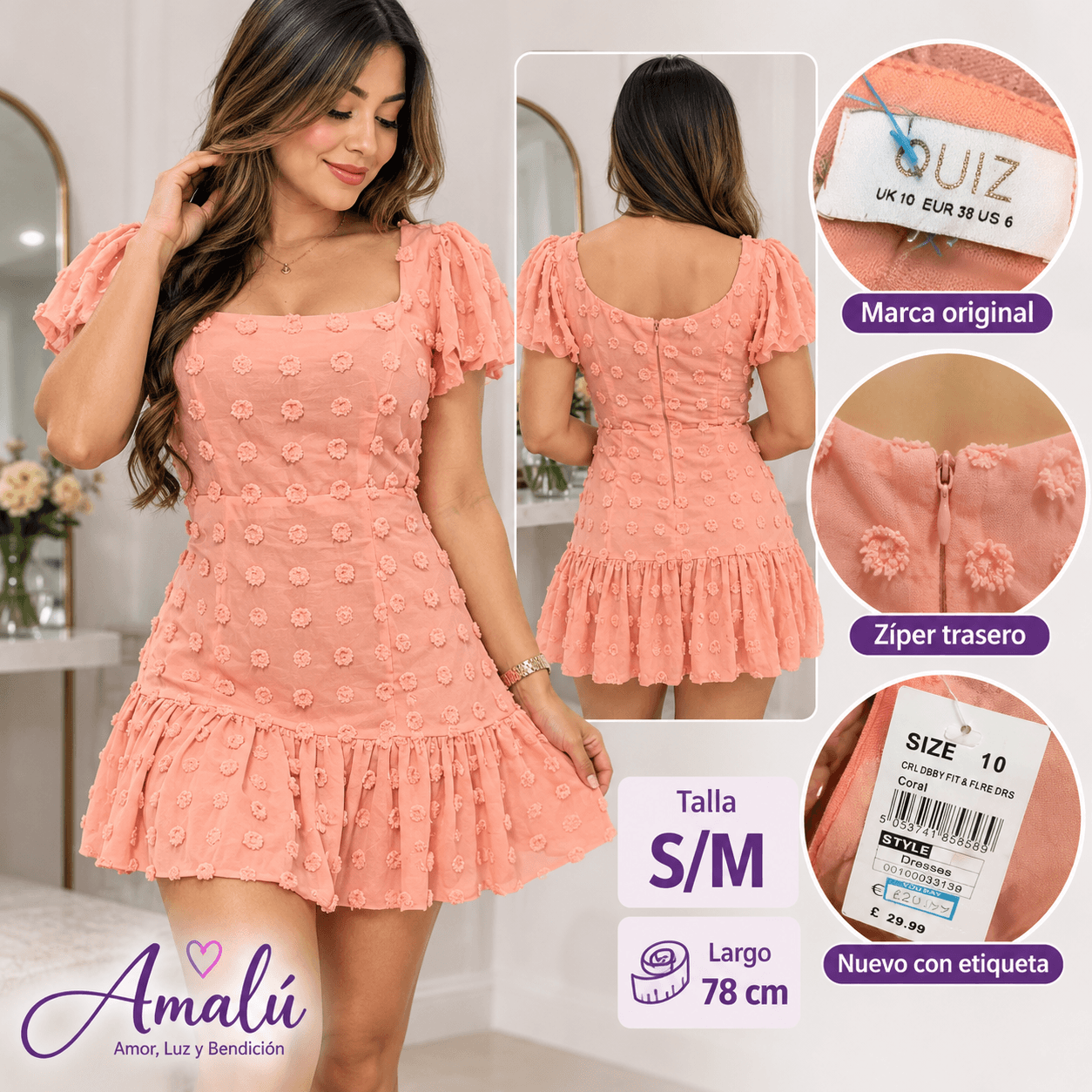 Vestido Quiz coral nuevo talla S/M
