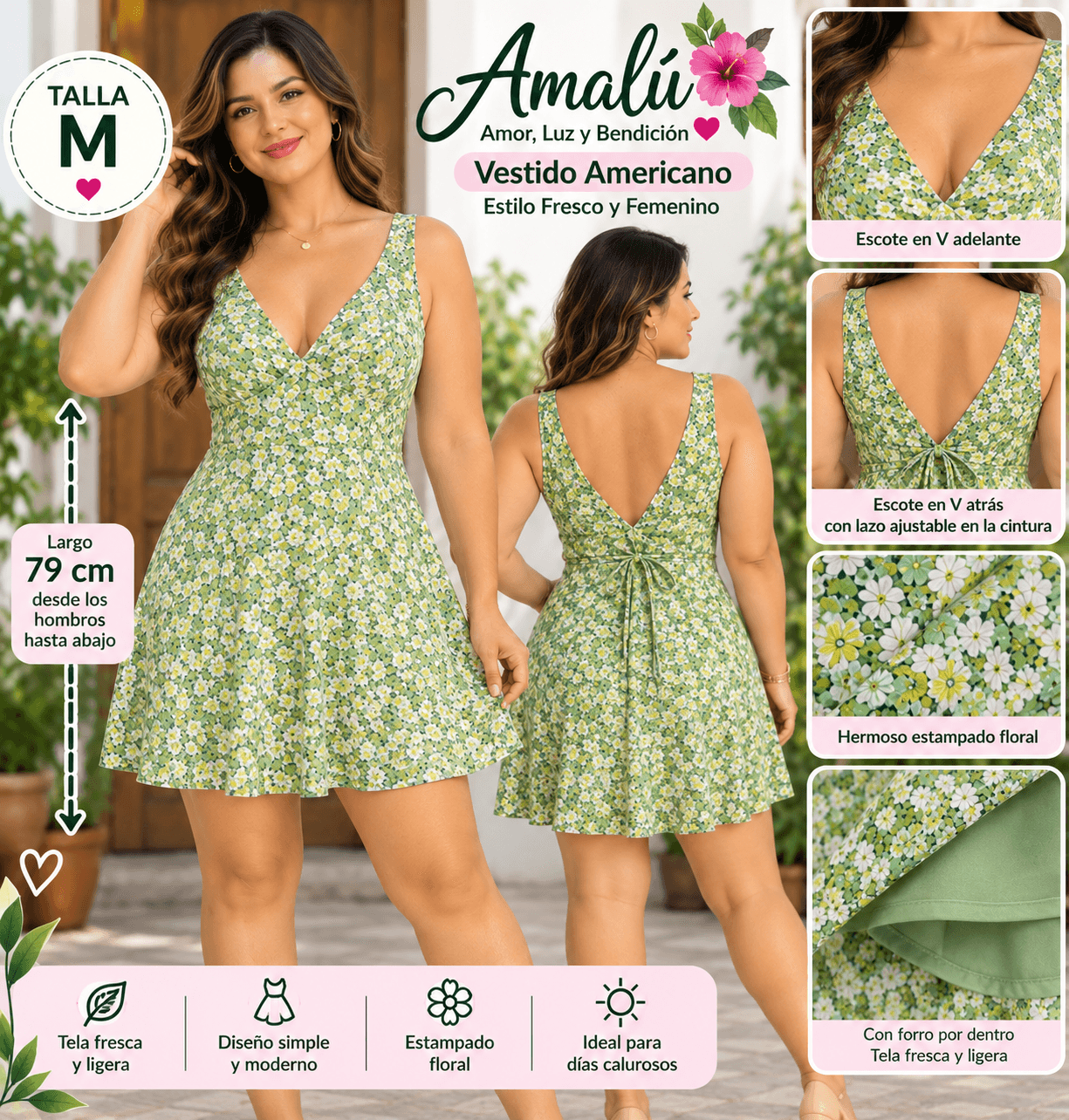 Vestido americano floral verde talla M