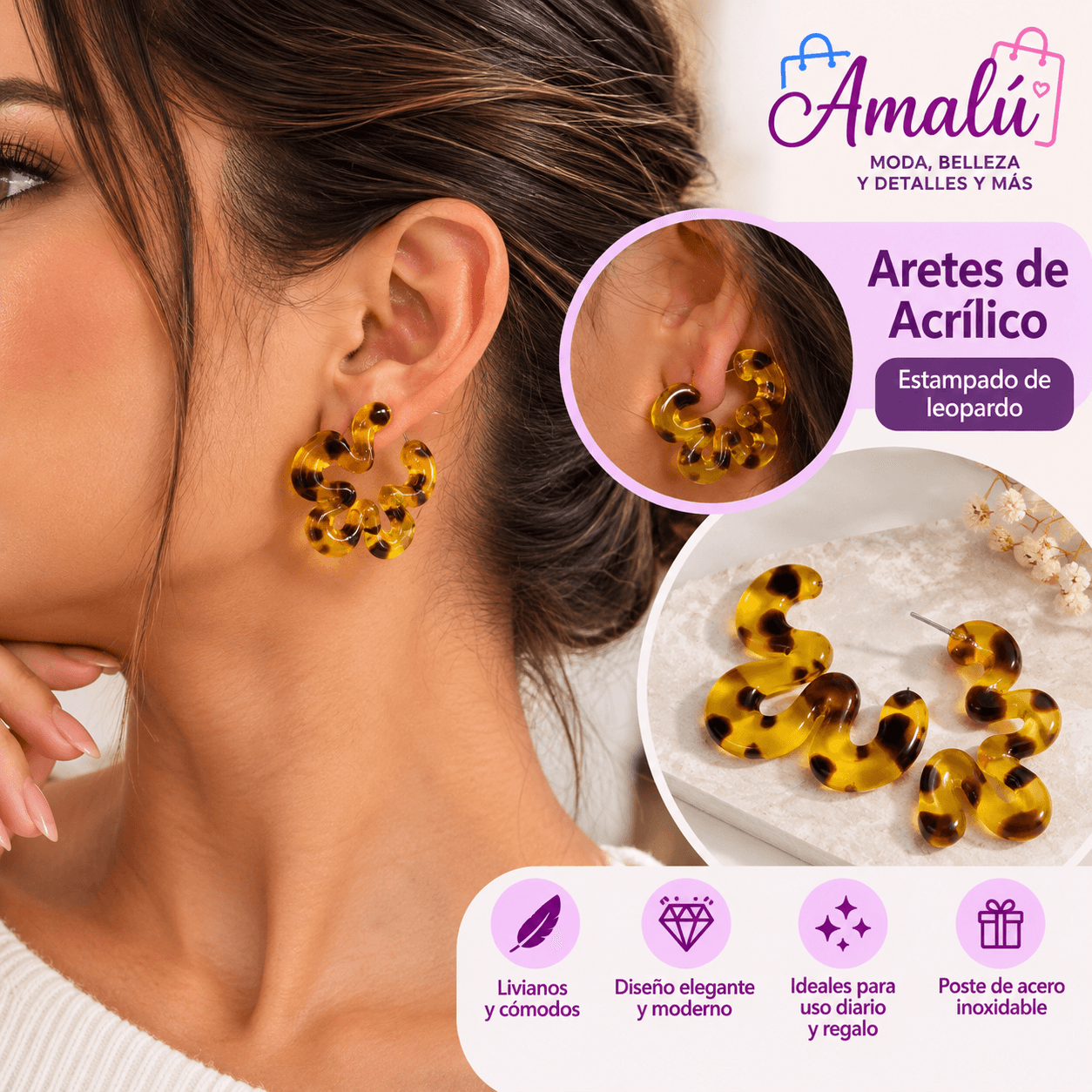 Aretes de acrílico tipo argolla con estampado de leopardo