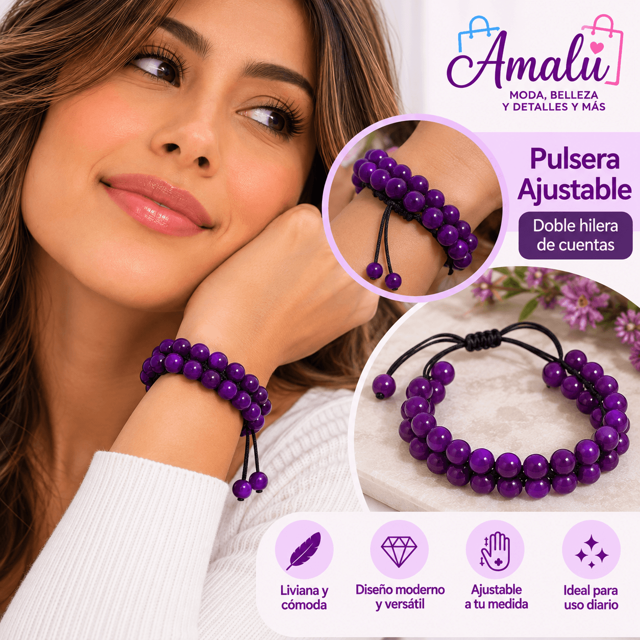 Pulsera ajustable doble de cuentas moradas