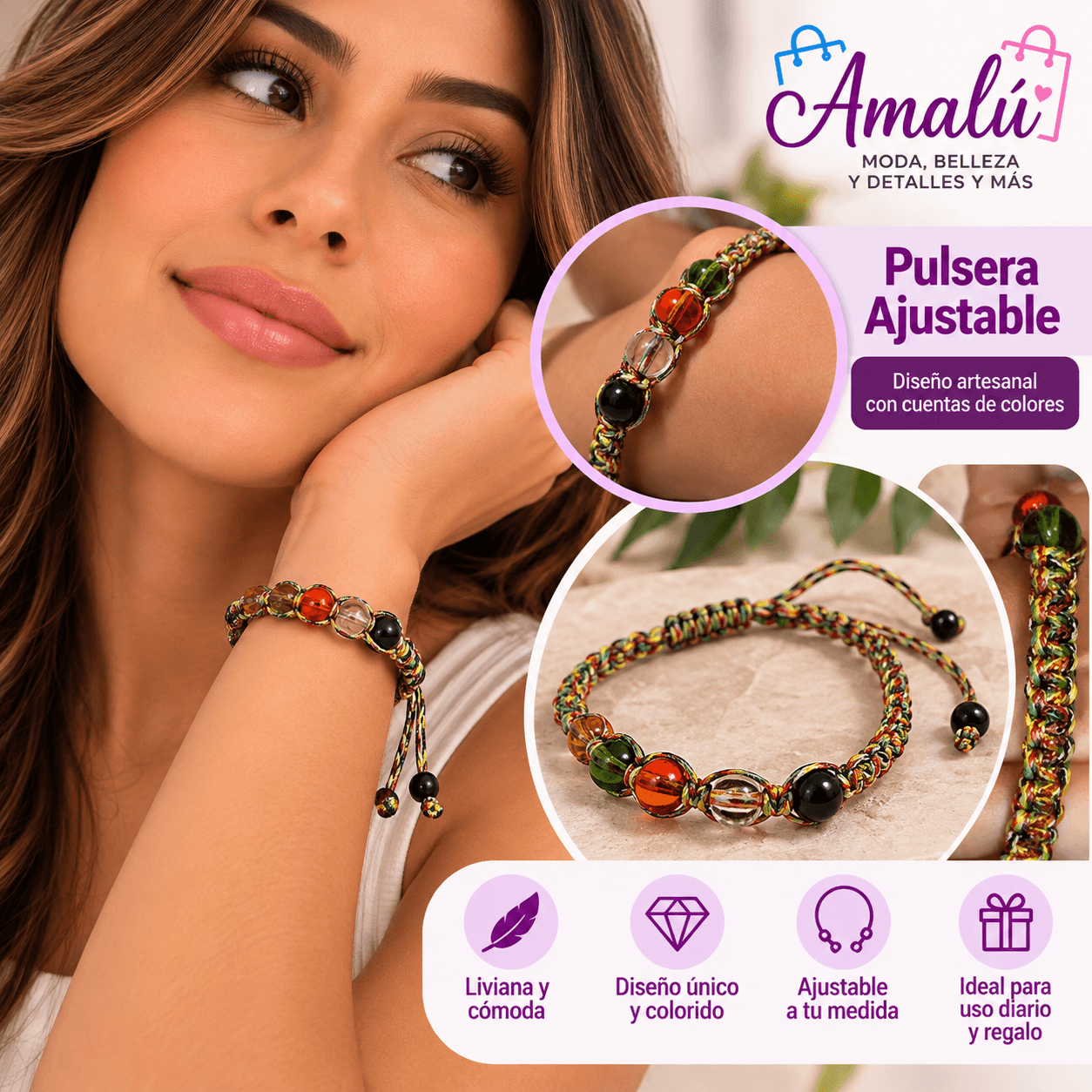 Pulsera ajustable tejida multicolor con cuentas