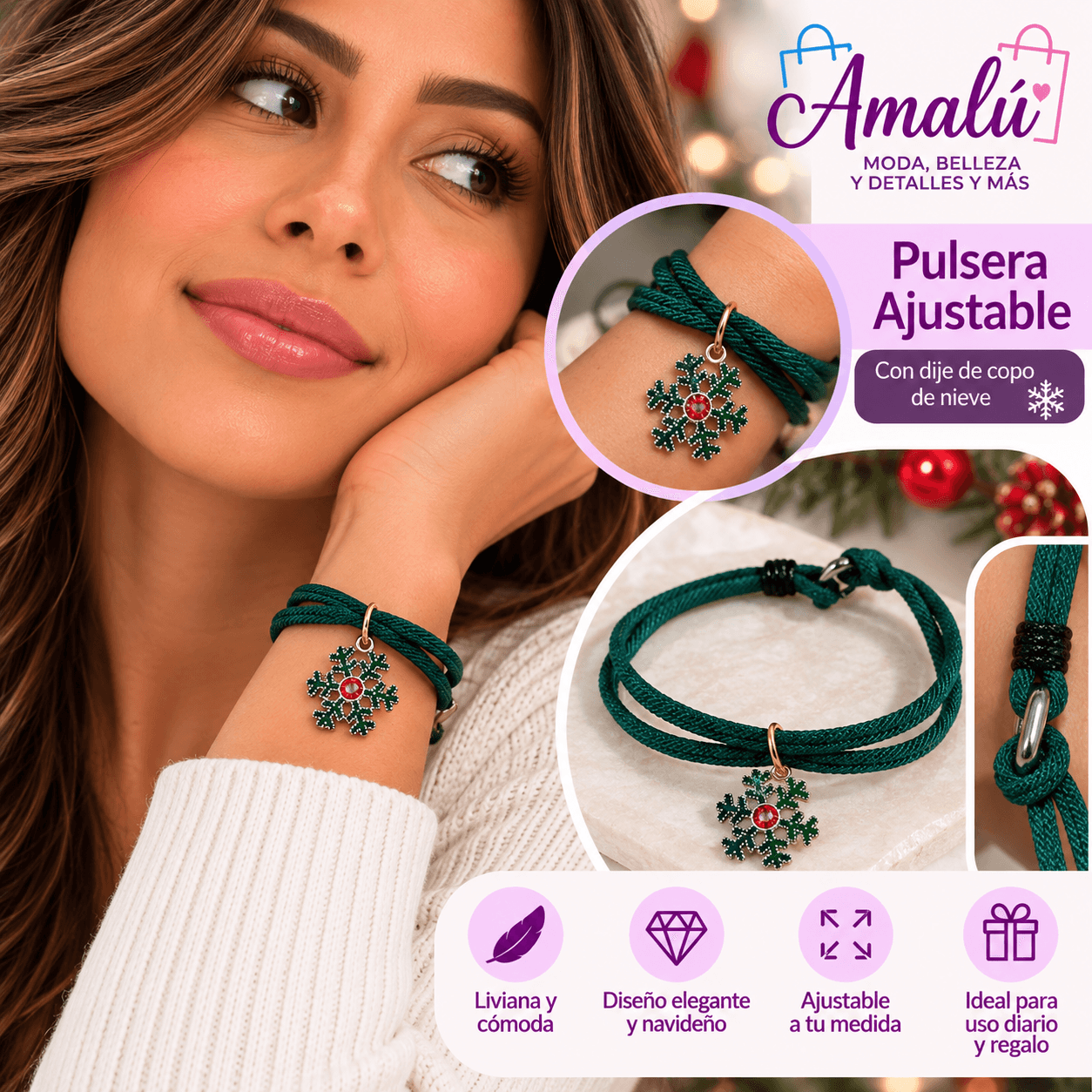 Pulsera navideña ajustable con dije de copo de nieve