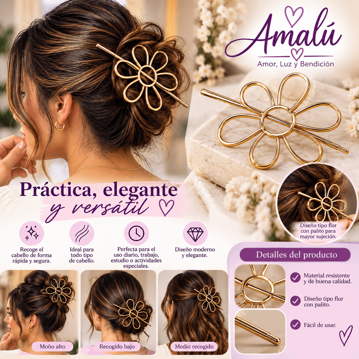 Horquilla para cabello diseño de flor dorada