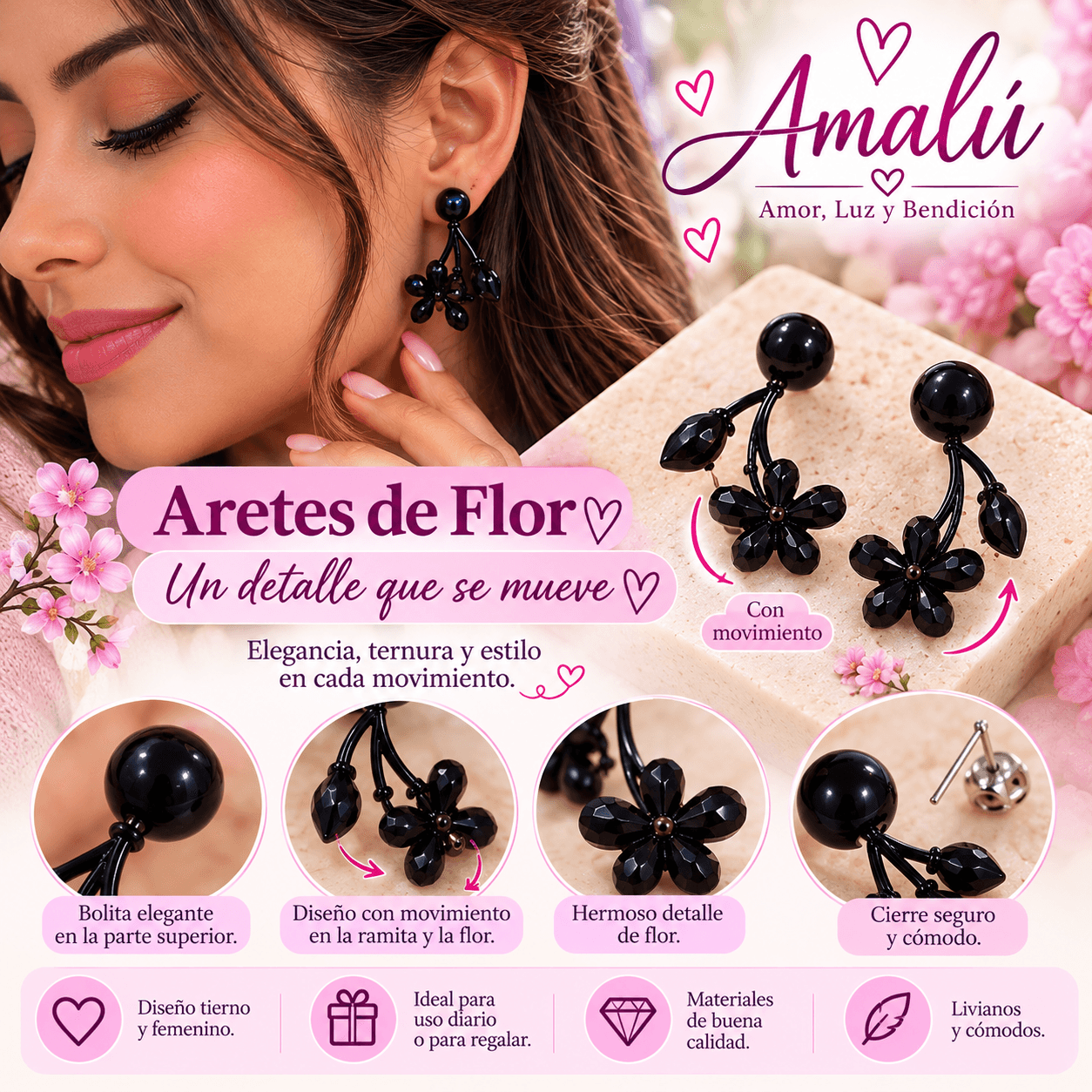 Aretes colgantes de flor negra con movimiento