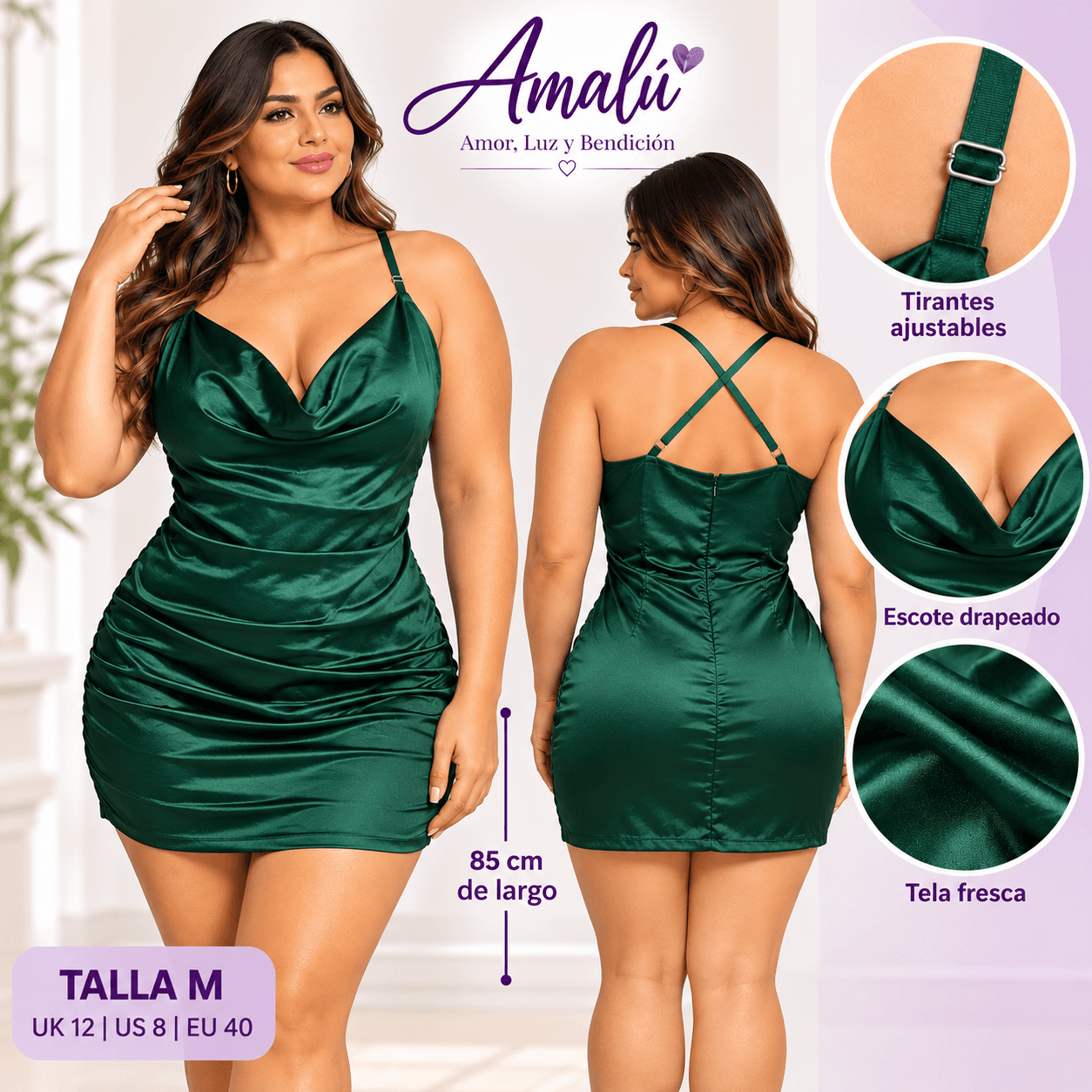 Vestido satinado verde esmeralda talla M