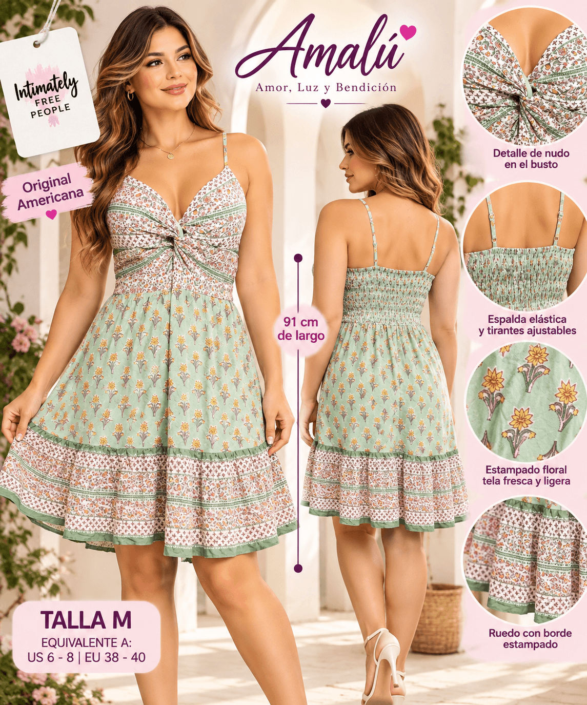Vestido americano floral verde talla M