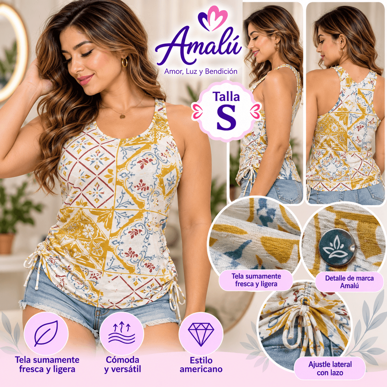 Blusa americana estampada con ajuste lateral talla S
