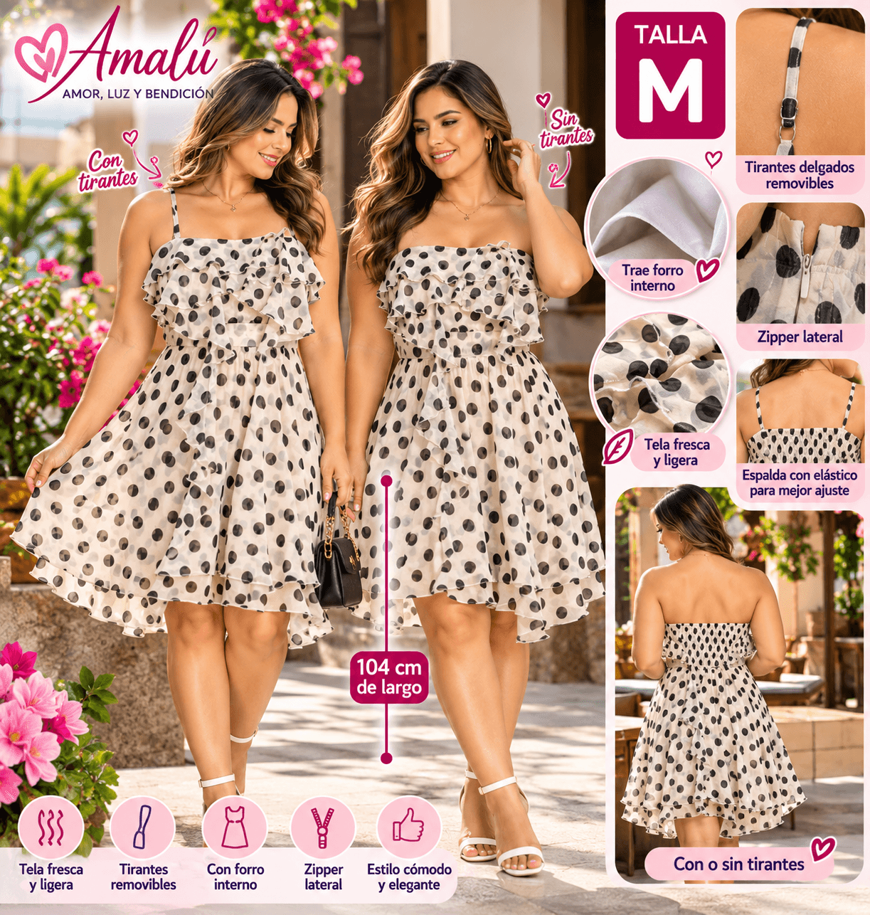 Vestido americano de lunares con tirantes removibles talla M