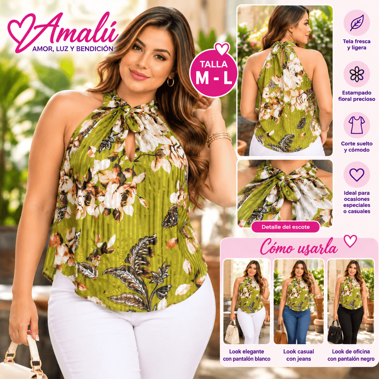 Blusa floral halter verde oliva M/L
