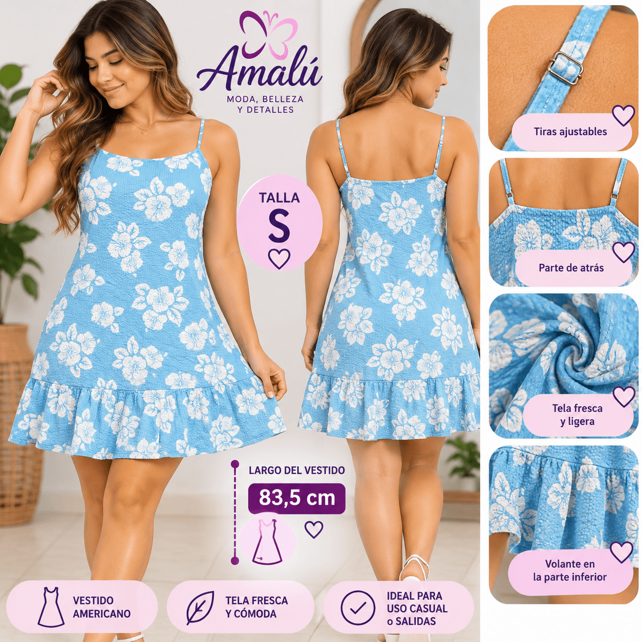 Vestido americano celeste floral talla S