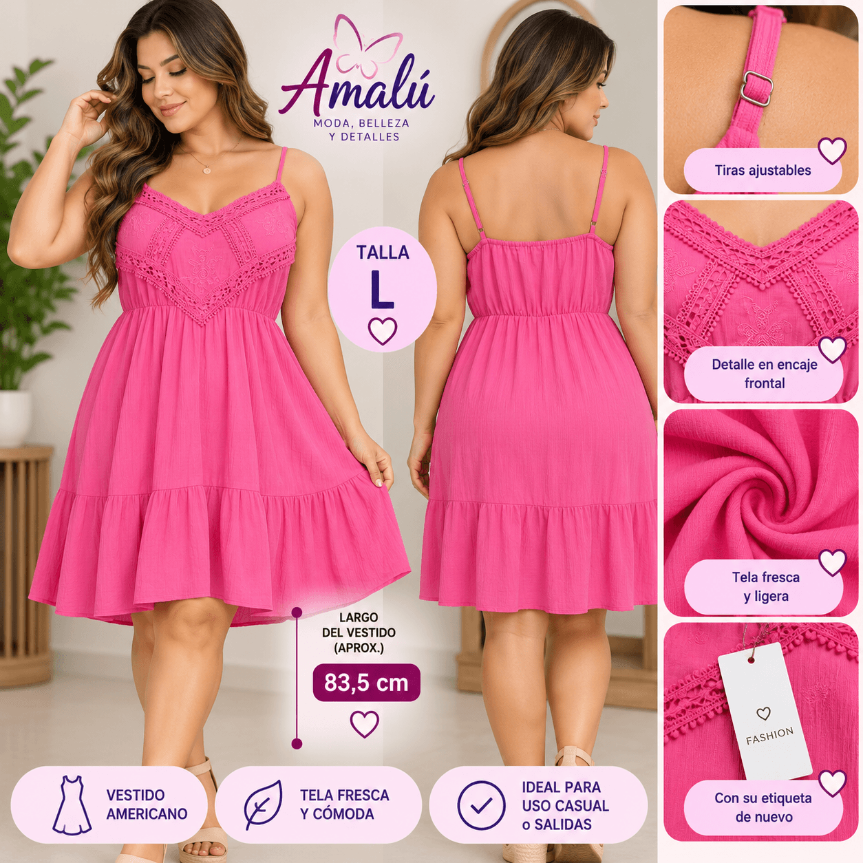 Vestido americano rosado con encaje talla L