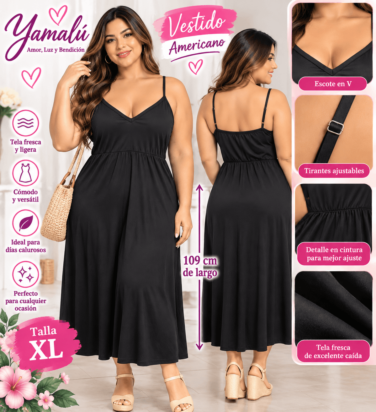 Vestido americano negro de tirantes talla L/XL