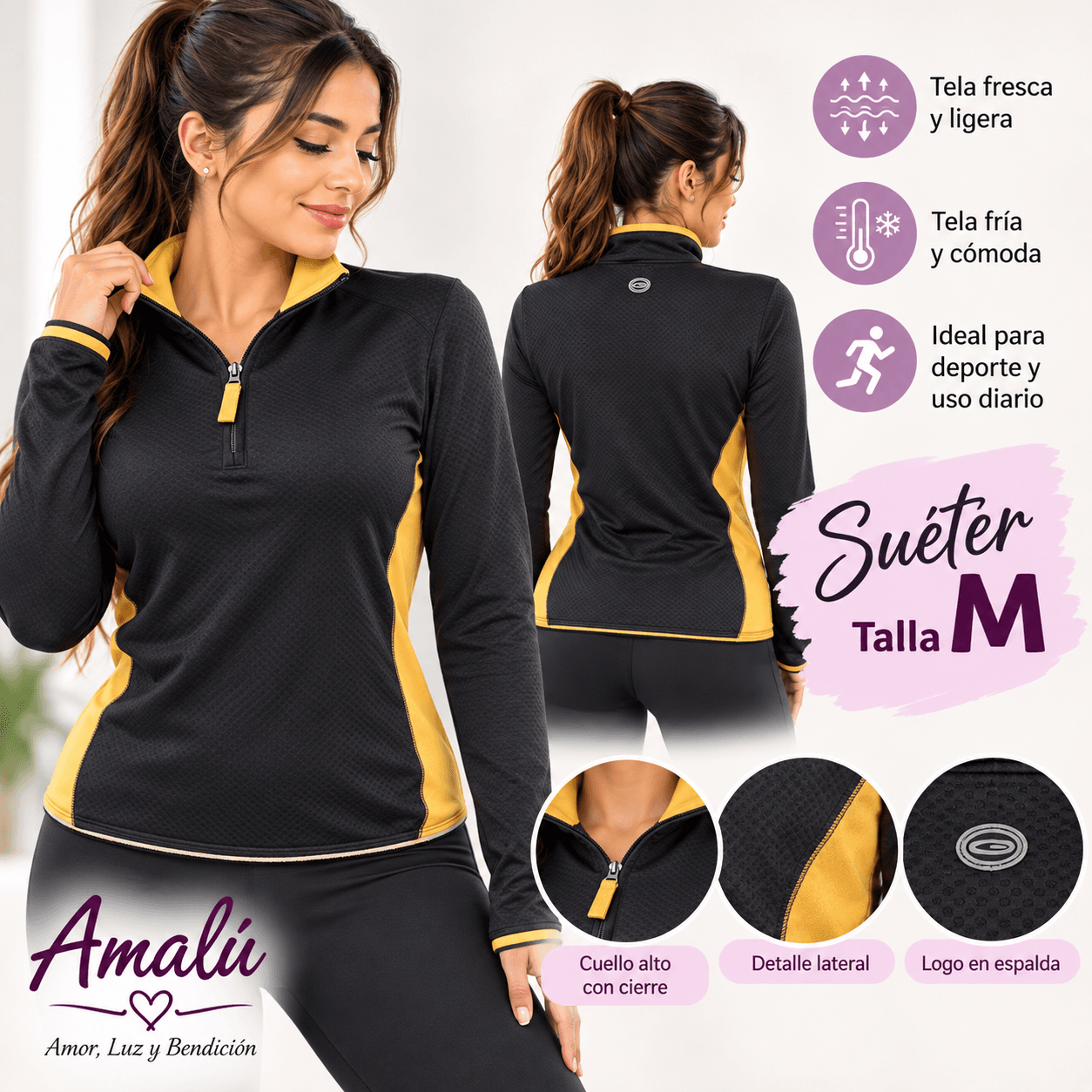 Suéter deportivo negro con amarillo talla M