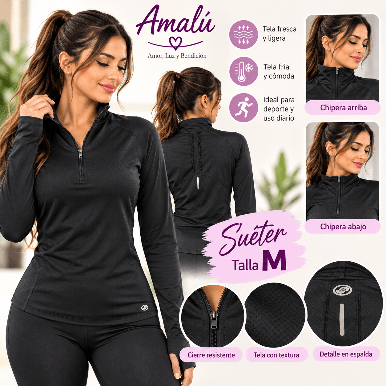 Suéter deportivo negro talla M