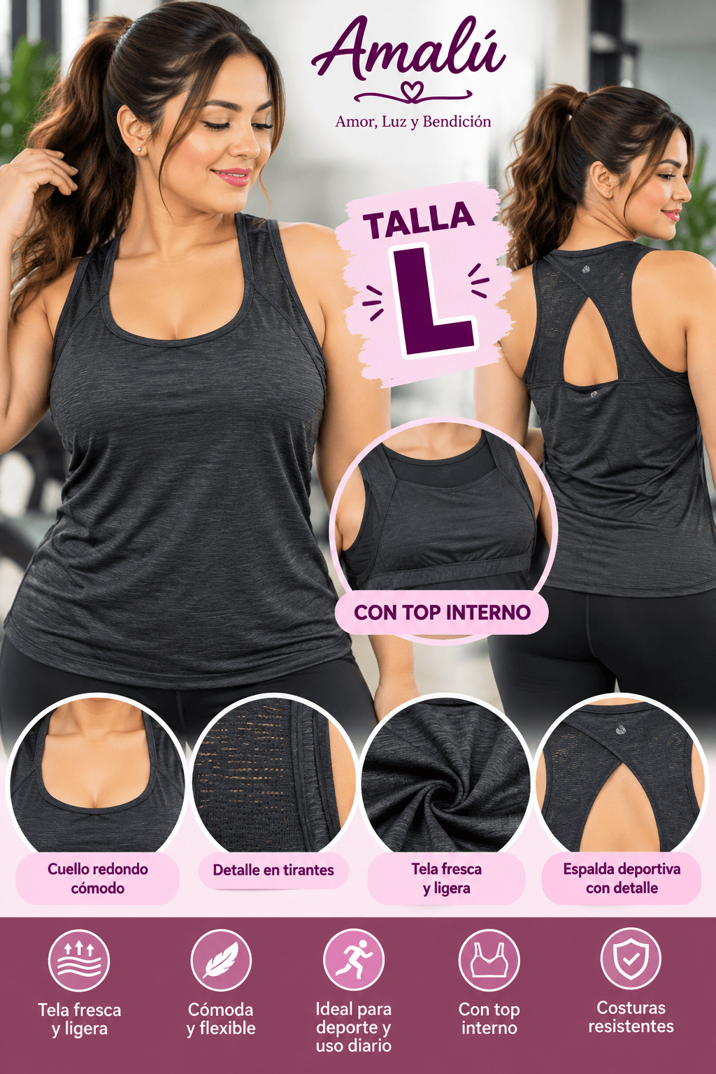 Blusa deportiva negra con top interno talla L