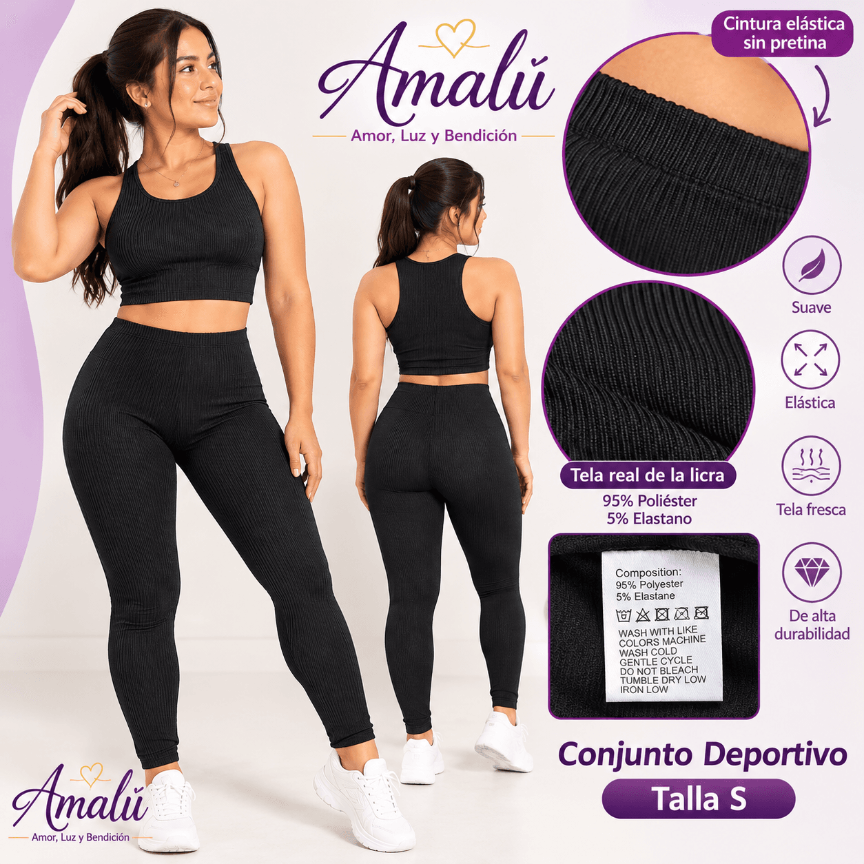 Licra deportiva negra acanalada talla S