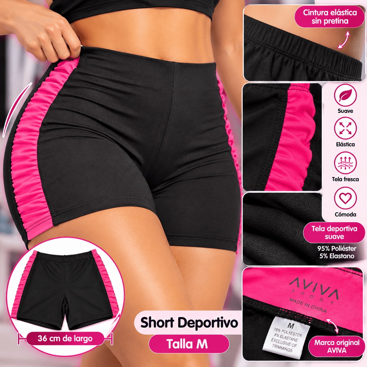 Short deportivo AVIVA negro con rosado talla M
