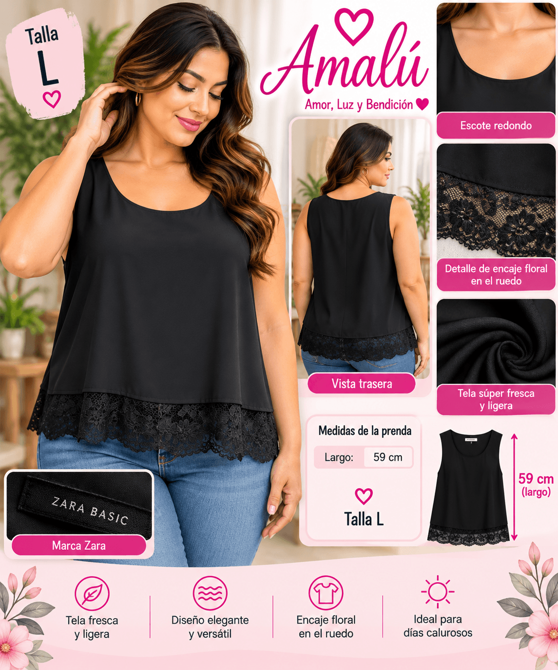 Blusa Zara Basic negra con encaje talla L