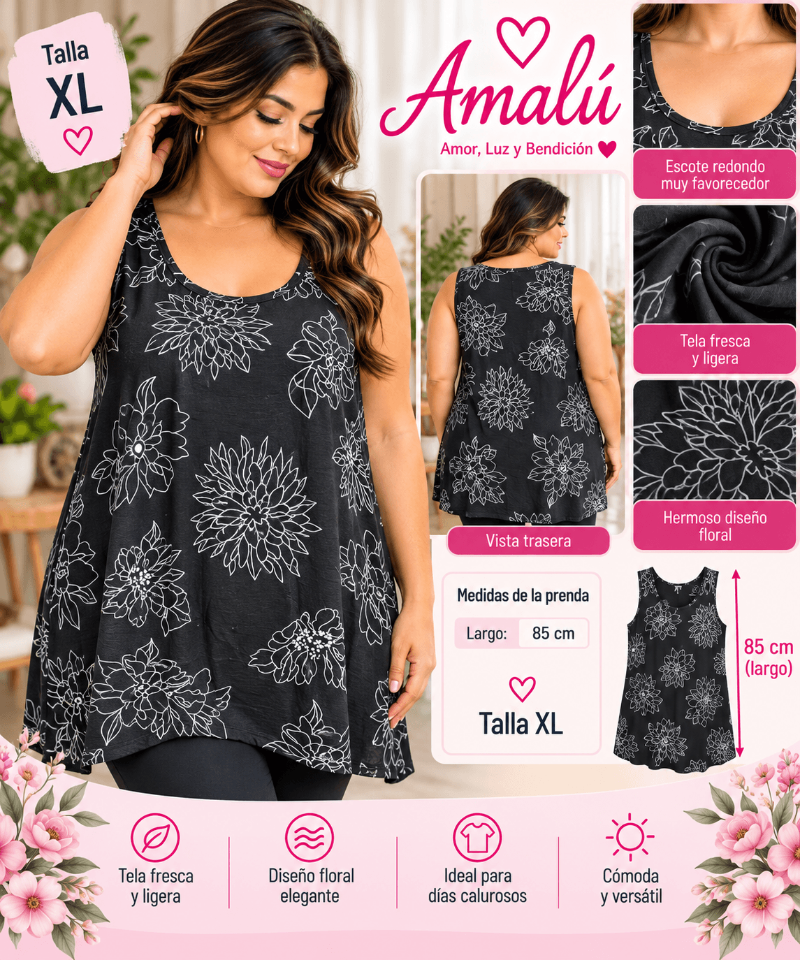 Blusa americana negra floral talla XL
