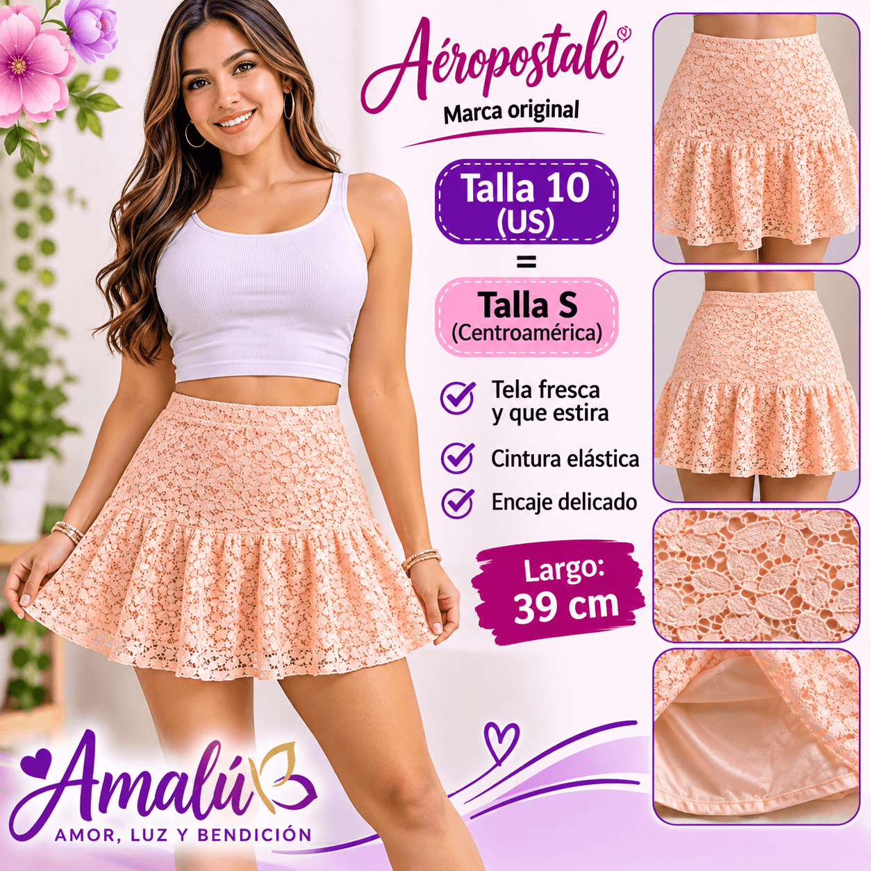 Enagua americana de encaje rosado talla 10