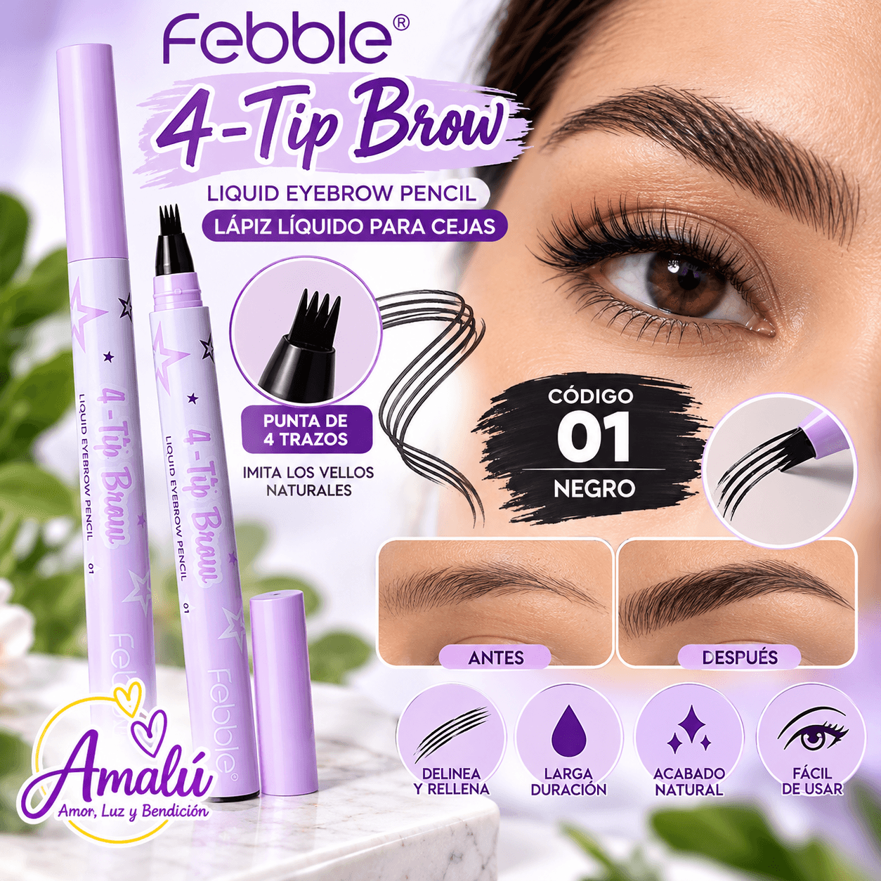 Lápiz Líquido para Cejas Febble 4-Tip Brow Negro 01