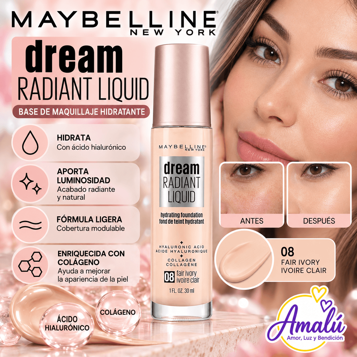 Base de Maquillaje Maybelline Dream Radiant Liquid 08 Fair Ivory 30 ml