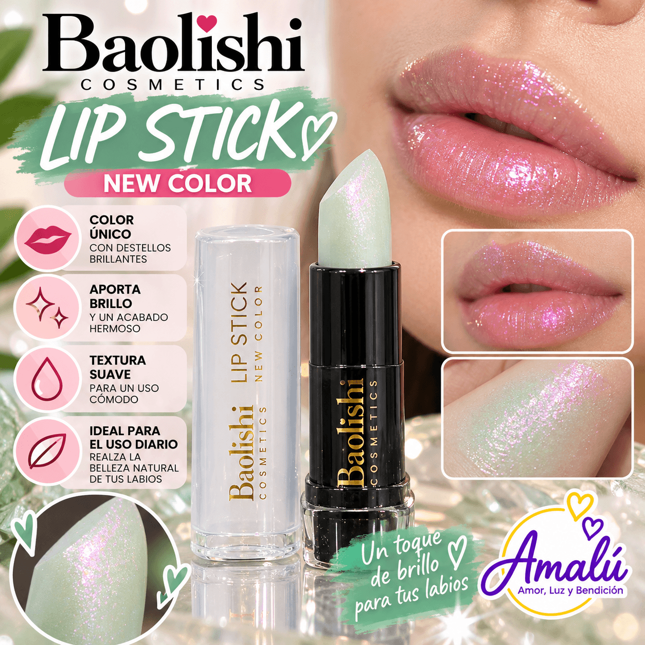 Labial Baolishi Cosmetics Lip Stick New Color Verde Menta Tornasolado