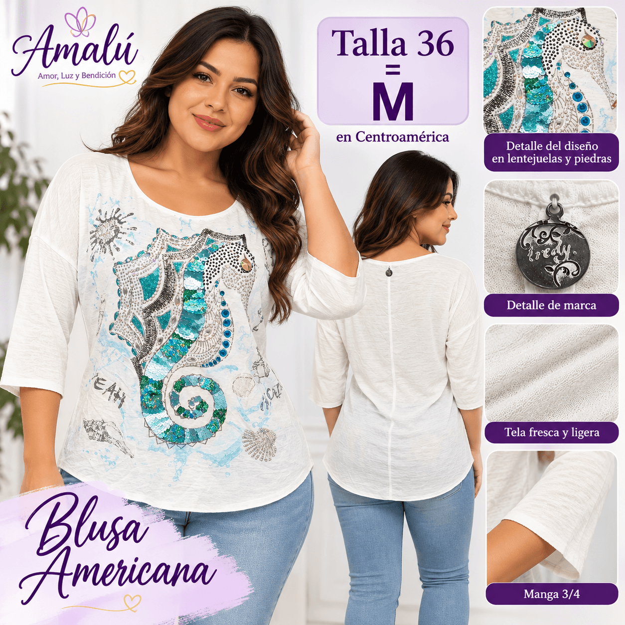 Blusa americana con diseño de caballito de mar talla M