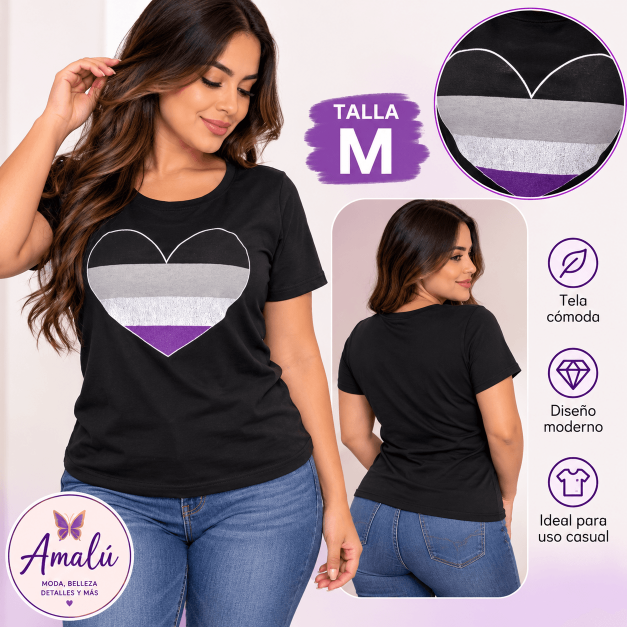 Camiseta americana negra con corazón talla M